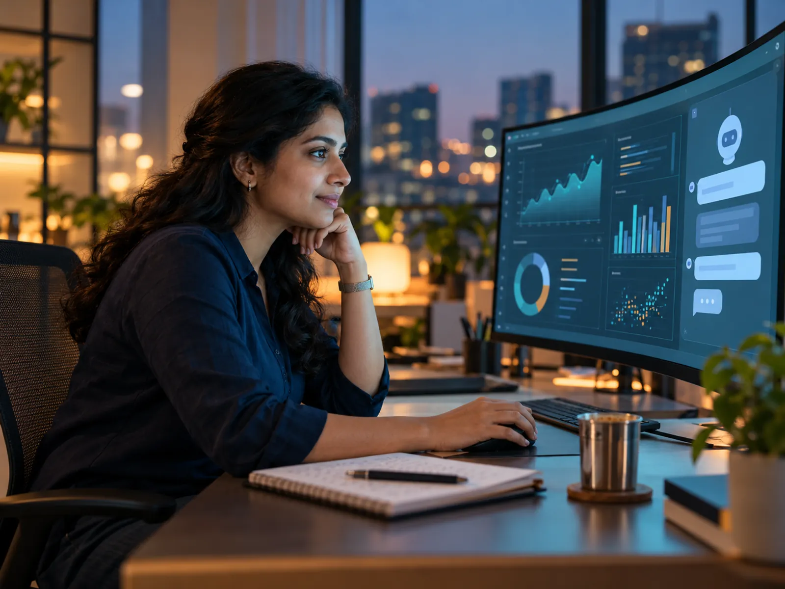 An analyst reviewing AI-assisted insights on a large monitor in a modern Indian office.