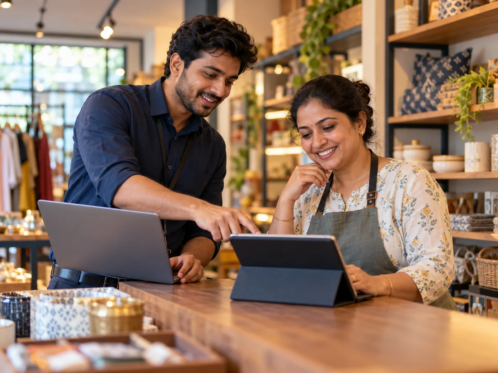 A technology specialist helping a business owner with a laptop at their shop counter.